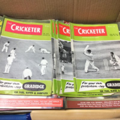 A collection of cricketer magazines from 1960 70s and 80s and an Essex signed mini bat. Postage C