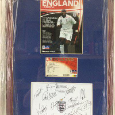 A framed and signed montage of England v Croatia in 2007, a 3-2 loss that eliminated England from progressing to Euro 2008, approx 59cm x 77cm. Shipping category D.