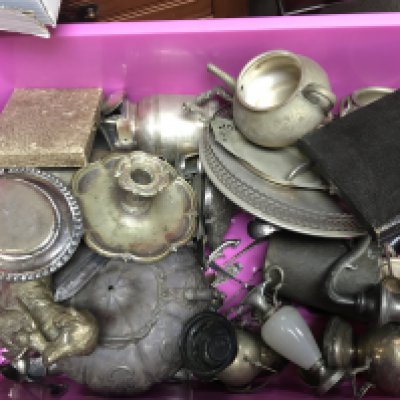 A collection of silver plated items including a hunting dog figure, candelabra, spoons, trophies etc. postage category c. NO RESERVE