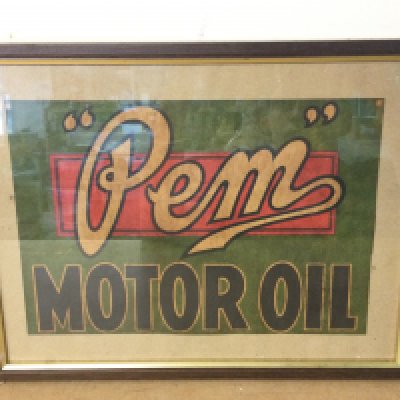 A framed and glazed advert for Pem motor oil, dimensions 36x28cm