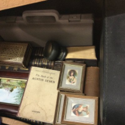 A box of oddments including A Erika 100/105 typewrite, miniature framed silks, Arthur Mee Encyclopaedia etc