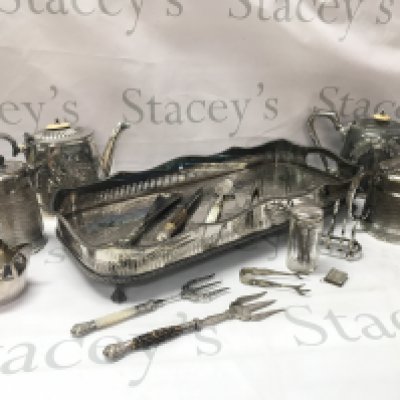 Various silver plated items including a tray, tea jugs, utensils etc . Postage category C