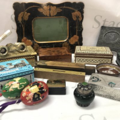 A group of interesting items including hans painted boxes, Russian box, Pearl opera glasses, arts and crafts style box