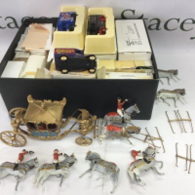 A Queen's Coronation coach and horses plus a collection of die cast vehicles. Shipping category B.