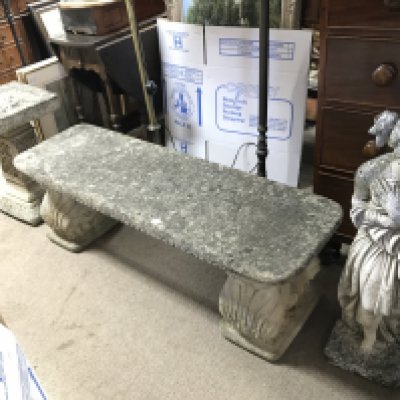 A composition classical garden ornament bench (122cm wide 40cm tall) bird Bath (54cm tall) and woman figure , (80cm tall).