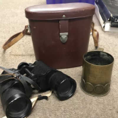A WW2 trench art shell mug and a pair of Carl Zeiss 7x50 binoculars