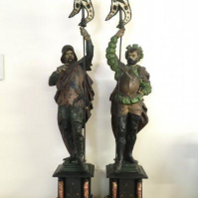 Two palace guards by A.P.S 1897 Painted spelter figures on marble and slate bases. 70cm tall