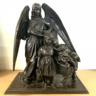WITHDRAWN-A 19th Century cast bronze group figure depicting Angel Gabriel watching over 2 children. 34.5cm x 30cm x 17cm. (No foundry marks and artist marks visible)