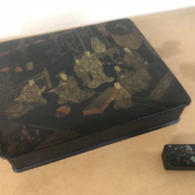 A Japanese black Lacquer paper mache box and a miniature box (27cm wide 5.5cm tall 23.5cm long). Postage category B