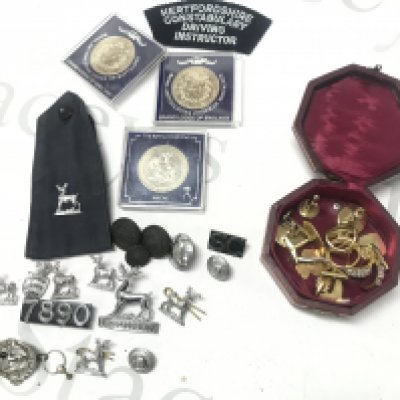 A Collection of Masonic items including medals, a wooden inkwell, two pairs of inkwells, silver cup, rings, cufflinks, cap badges, Royal Wedding medals, two pens etc. this lot cannot be posted- NO RESERVE
