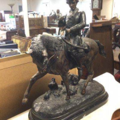 A 20th Century bronze figure of gentleman in 18th Century style costume on horseback, approx height 62cm. Shipping category D.