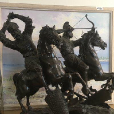 A pair of spelter figures Knights on horse back .48 cm .