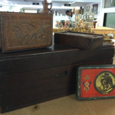 A mahogany writing box, with other small boxes and a 1900 Soth Africa Tin