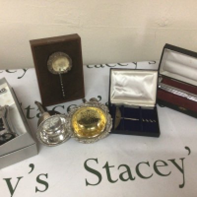 Two 19th century silver plate and parcel gilt wine funnels and boxed corkscrews
