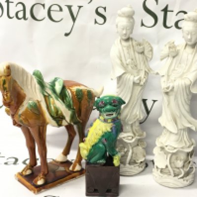 Chinese ceramics including Two Blanc De Chine porcelain figures, Tang horse and a Fu dog. 20 to 36cm tall. This lot cannot be posted