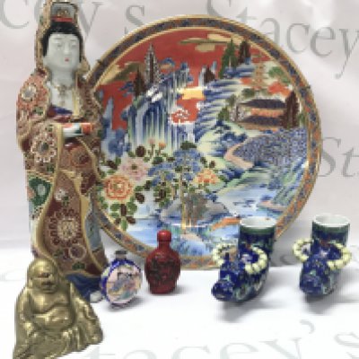 Oriental items including a pair of porcelain liberation cups , figure etc . This lot cannot be posted