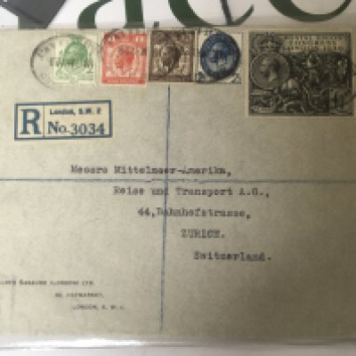 A High Value Recorded delivery international postal cover with Postal Union Congress 1929 one pound stamp.