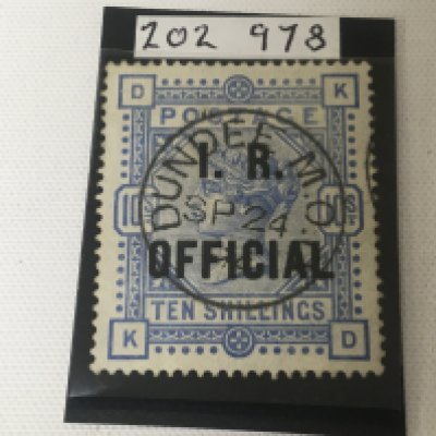 A rare Victorian Ten shilling stamp with I R official over stamp and also Dundee MO .