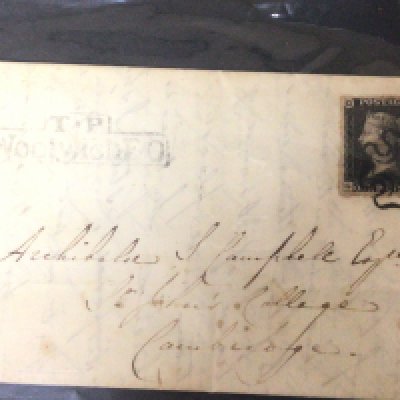A Nice example of an 1840 postal covers many with London - Cambridge Penny black with stamp for T P Woolwich with details printed.
