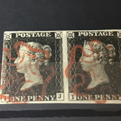 Victorian Penny black two block I-J I-K light red Maltese cross nice margins catalogue value &#20132662751250 with printed text description.