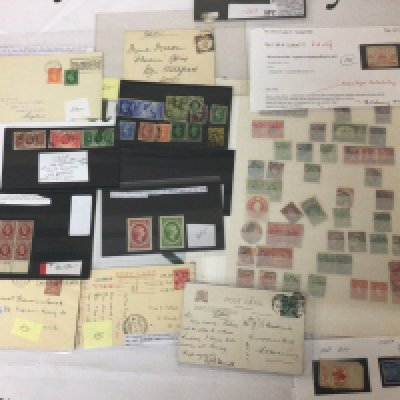 A collection of British stamps including an unused block of 1934 three halfpence stamps V34 Two stamps from the 1910 Philatelic Congress 1910 an intresting stamp voluntary membership fee. German workers education association postal covers and other stamps.