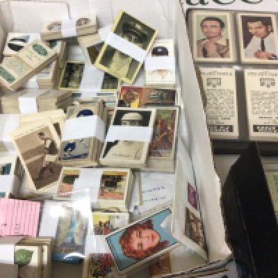 A box containing sets of vintage cigarette cards including a Gallaher Ltd cards Turf cards Mitchells Angling Vintage football cards from the boys Magazine Ogden a set of well presented Telegum TV stars and others.