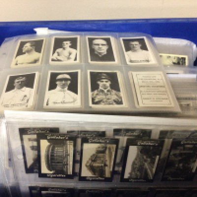 A box containing a large quantity of cigarette cards Sweet Kiss Series 3rd Series of Vintage Beauties Vintages Sporting championship from the 1920 Vintage Gallaher cards churchman&#2013266057۪s Vintage tea cards all well presented in plastic sleeves.