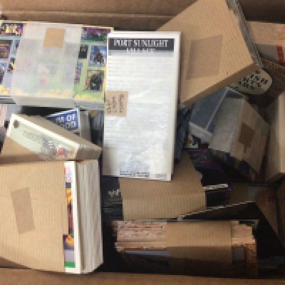 A box containing modern three dimensional WF wrestling Desert Storms football Legends and other modern cards. Advertising gummed labels and an album of interesting Elizabeth II covets stamps and other ephemera.