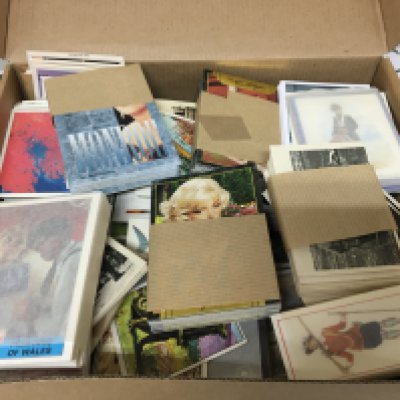 A box containing a large quantity of sets of collectors cards Sporting time card company ABC cards Candystick cards Splitting image cards and many more