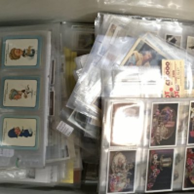 A box containing a comprehensive large collection of cigarette cards and trade cards most well presented in Plastic sleeves.